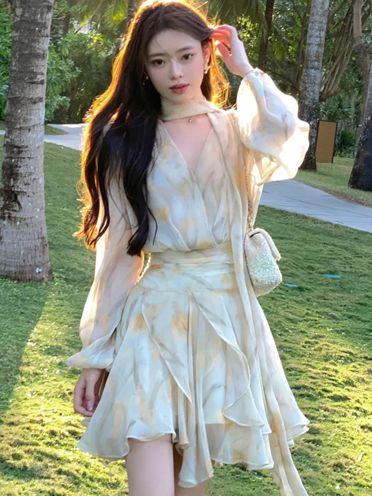 Elegant Chiffon Short Dresses for Women V-neck Lantern Sleeves Ruffles A-line Summer New Holiday Style Printed Vestidos Mujer