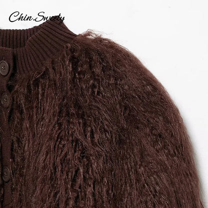 Fashion Burgundy Fur Coats Women Warm Thick O-neck Long Sleeve Loose Jackets Female 2025 Autumn Winter Party Outwear