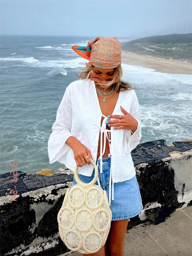 Fashion V-neck Lace Up Shirts Women  Spring Summer New Casual Long Sleeve Blouse For Female Solid Elegant Street Lady Tops