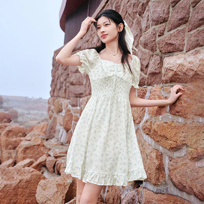 Ruffled Hem Chiffon Mini Skirt Women Floral Print Short Dress  New Square Neck Waist-drawing Romantic Dress