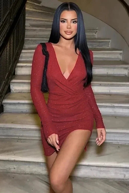 Deep V Neck Long Sleeve Bodycon Mini Dress with Slit