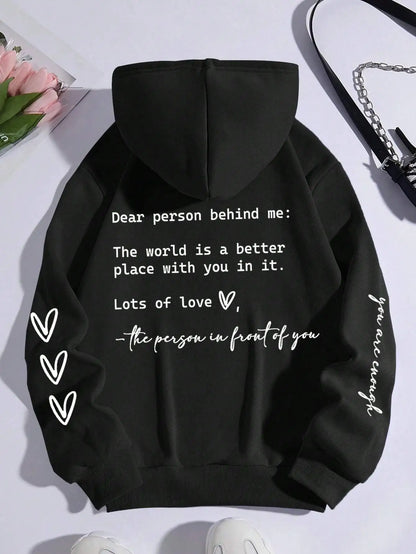 Dear Person Behind Me Letter Graphic Print Hoody Women’s Fashion Soft Sweatshirt Autumn Warm Fleece Hooded Casual Loose Tops