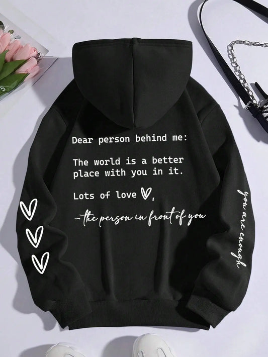 Dear Person Behind Me Letter Graphic Print Hoody Women’s Fashion Soft Sweatshirt Autumn Warm Fleece Hooded Casual Loose Tops