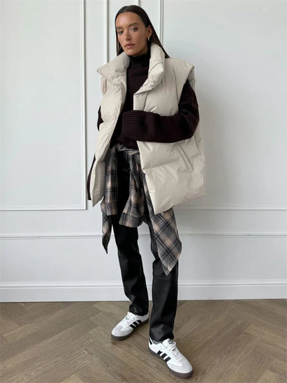 Casual Loose Sleeveless Jackets Parkas Female Winter  New Streetwear Outwear For Women Lapel Tank Top Patchwork Coat