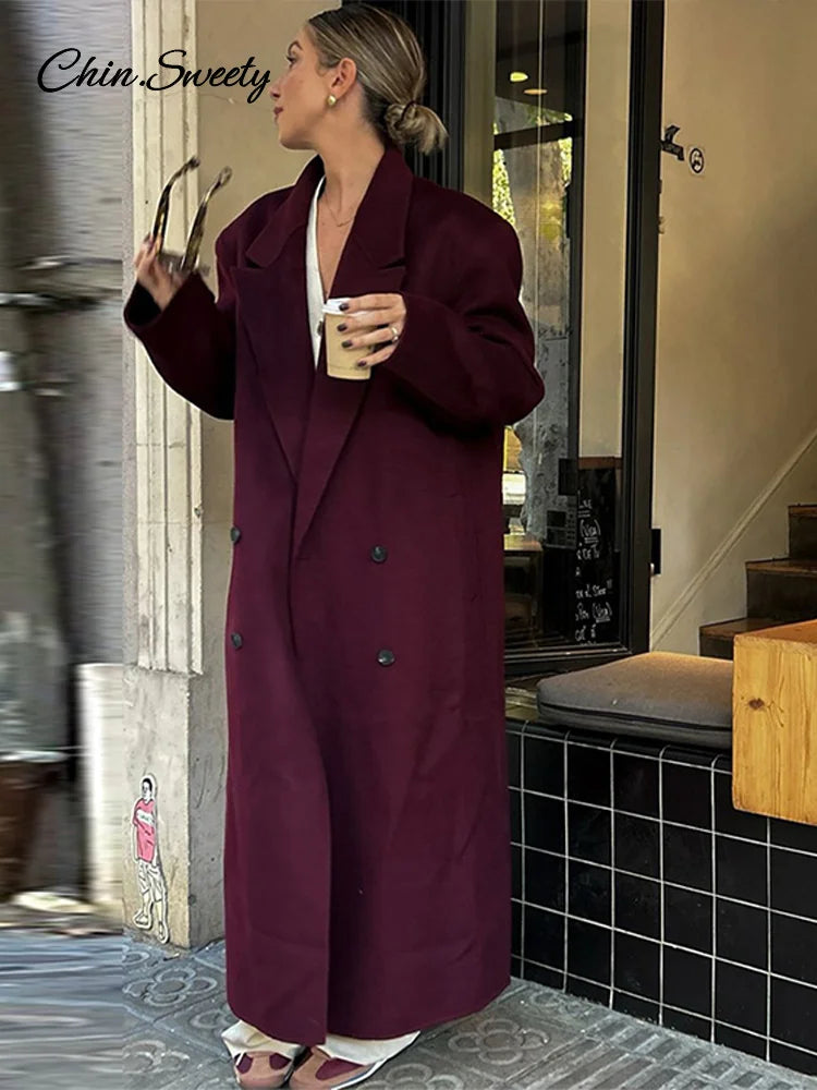 Fashion Burgundy Red Woolen Long Coat Women Oversized Shoulder Pads Full Sleeve Double Breasted Overcoats Autumn Lady Streetwear
