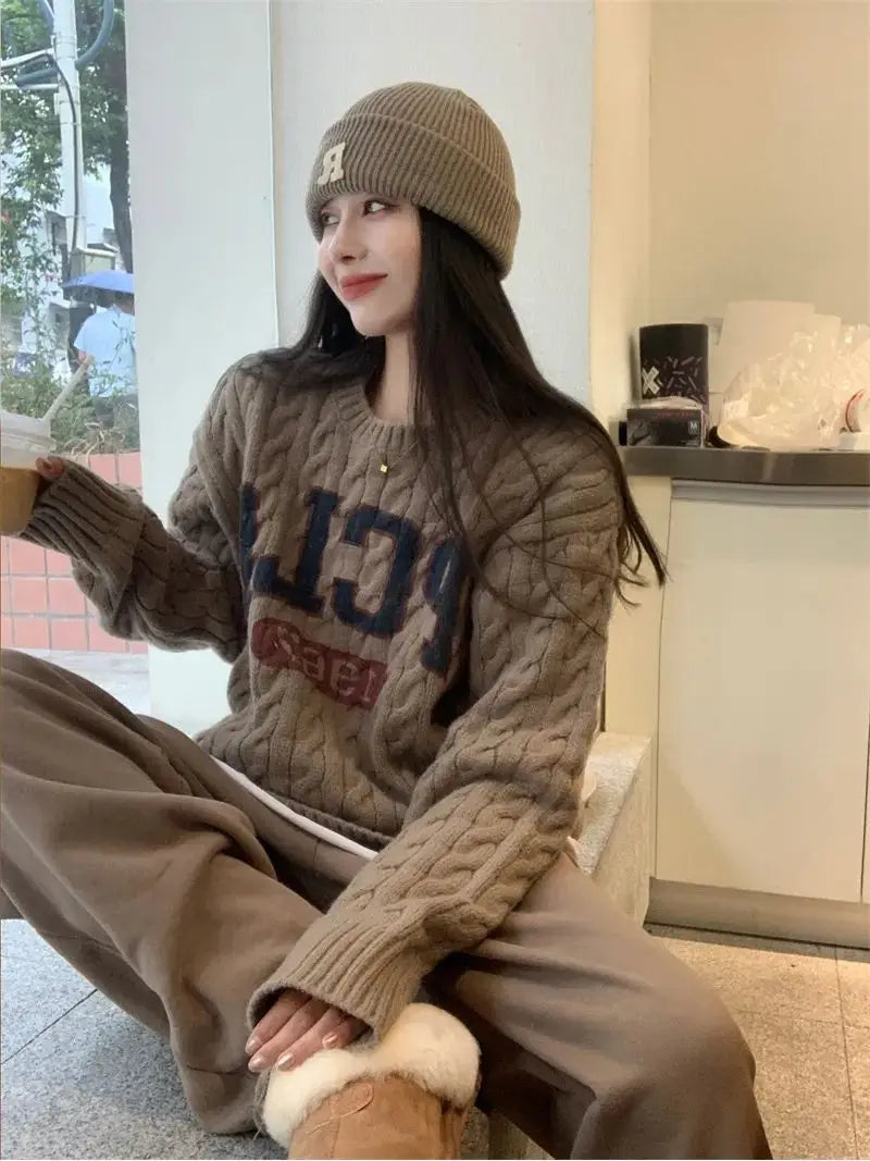 Korean trendy retro letter twist sweater for loose lazy style sweater long sleeves clothing y2k tops