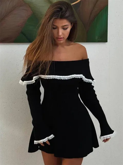 Knit Off-Shoulder Sweater Mini Dress Women&#8217;s Lace Patchwork Ribbed Slim Backless Elegant Party Dress Knitwear Mini Dress