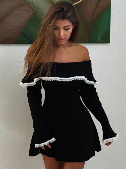 Knit Off-Shoulder Sweater Mini Dress Women&#8217;s Lace Patchwork Ribbed Slim Backless Elegant Party Dress Knitwear Mini Dress