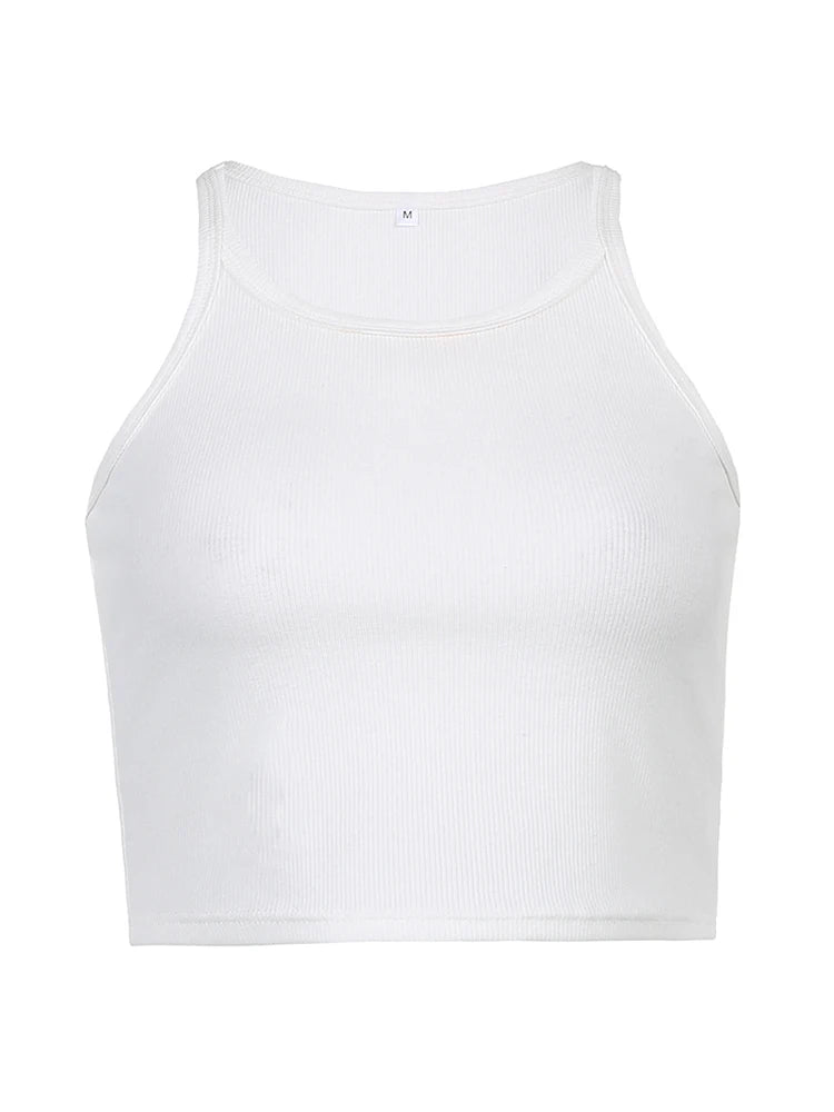 White Solid Basic Ribbed Cropped Vest Sleeveless Slim O Neck Tanks Camis Women Simple Fashion Elegant Summer Top Tees