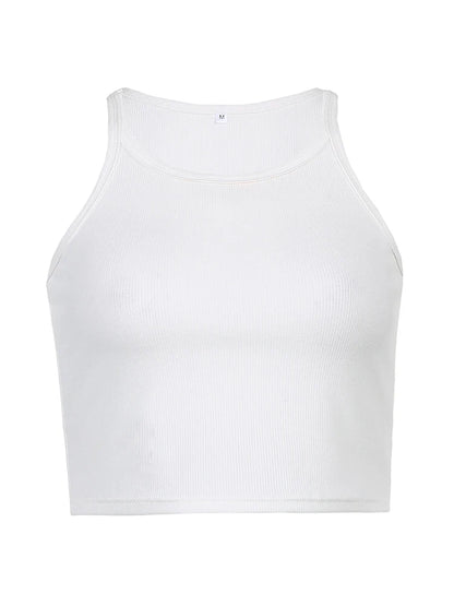 White Solid Basic Ribbed Cropped Vest Sleeveless Slim O Neck Tanks Camis Women Simple Fashion Elegant Summer Top Tees