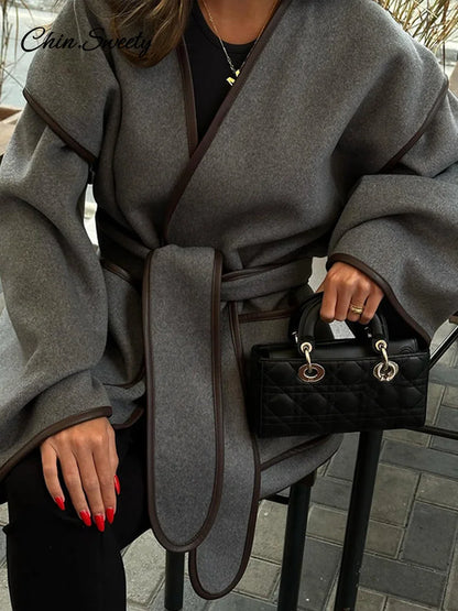 Elegant Patchwork Belt Women’s Coats Women Contrast V-neck Long Sleeve Pocket Female Overcoats  Autumn Lady New in Outwear