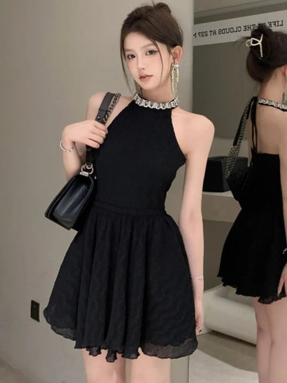 Elegant Halter Black Dresses for Women Summer New Backless Ruffles A-line Korean Birthday Party Dress Prom Short Vestidos Mujer