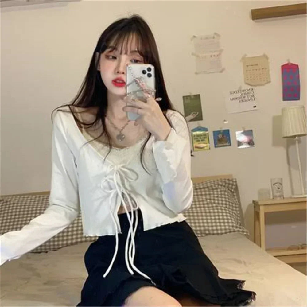 Solid Women Cardigans Hot Slim Bandage Design Crop Tops Stylish Streetwear Teenagers All-match Sweet Lovely Knitted Basic