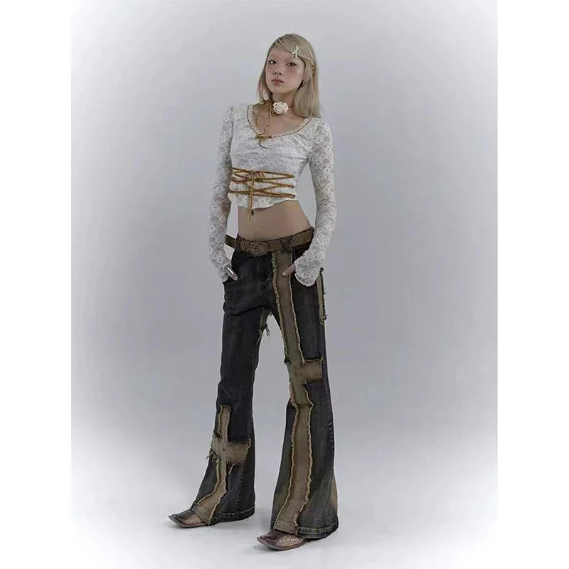 Cross Patchwork Flare Pants
