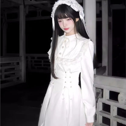 Japanese Style Kawaii Lace-up Midi Dresses Women Princess Party Dress Long Sleeve O-neck High Waist Y2K Gothic Vestidos Mujer