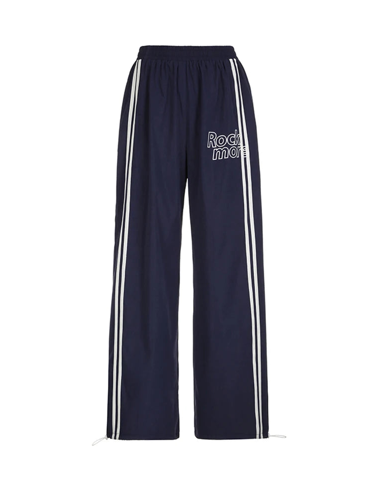 Side Stripe Elastic High Waist Loose Straight Leg Pants Women Letter Print Street Style Hippie Baggy Trousers Preppy Streetwear