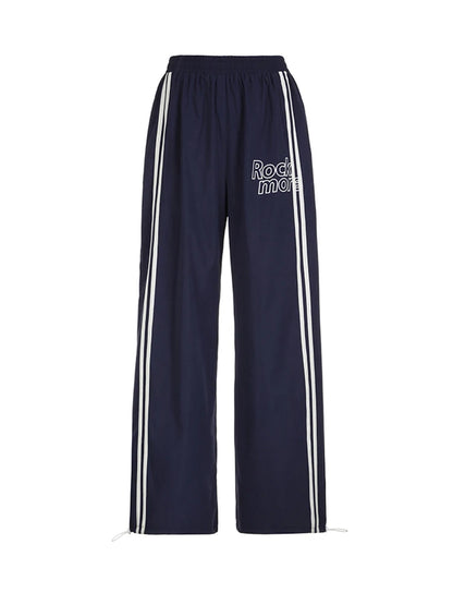 Side Stripe Elastic High Waist Loose Straight Leg Pants Women Letter Print Street Style Hippie Baggy Trousers Preppy Streetwear