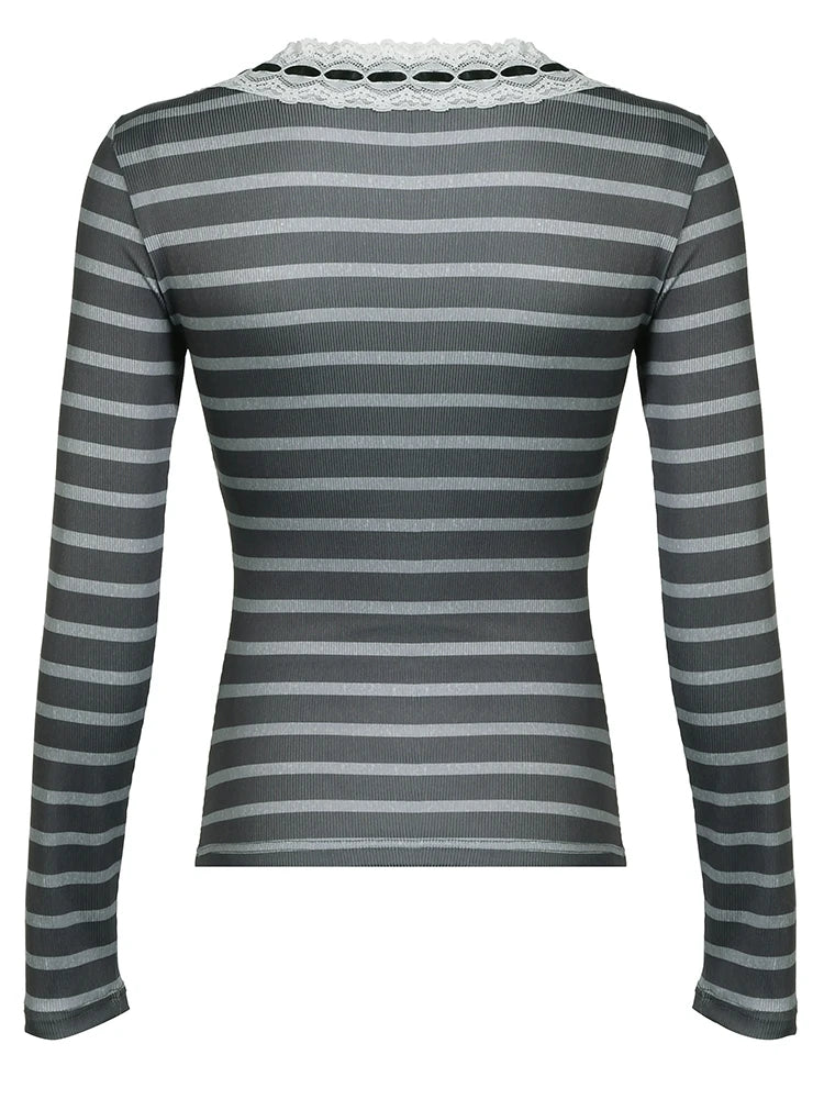 Slim Stripe Long Sleeve T Shirt Women Contrast Patchwork Lace Trim Tie O Neck Cute Y2K Kawaii Tee Basic Korean Clothes
