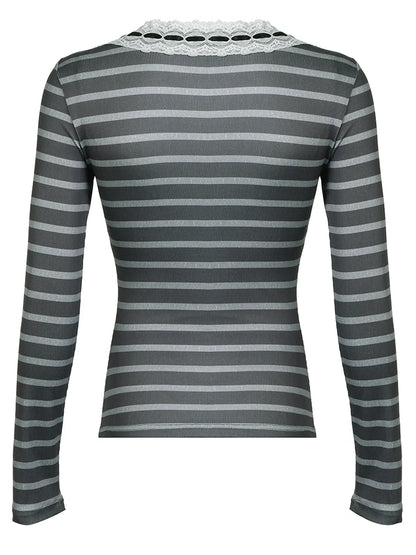Slim Stripe Long Sleeve T Shirt Women Contrast Patchwork Lace Trim Tie O Neck Cute Y2K Kawaii Tee Basic Korean Clothes
