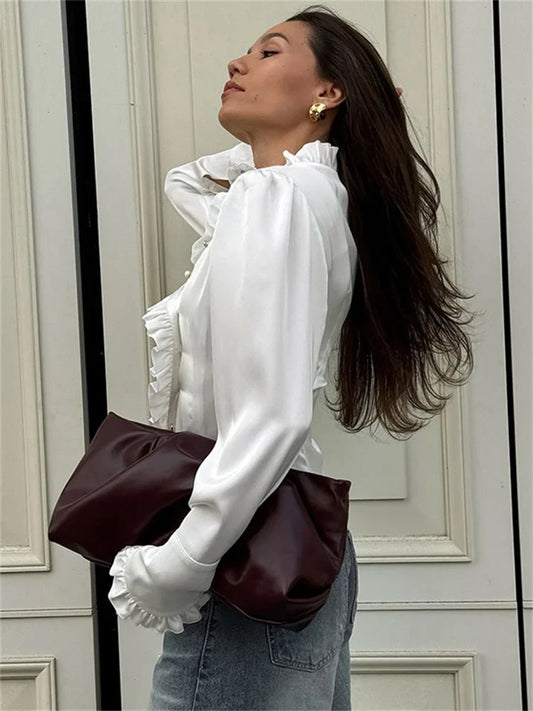 TAIVIMART  -  White Ruffled Vintage Shirts For Women Patchwork V-Neck Long Sleeve Autumn Elegant Streetwear Female Cardigan Blouses