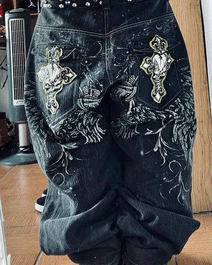 Skull Cross Print Wide Pants