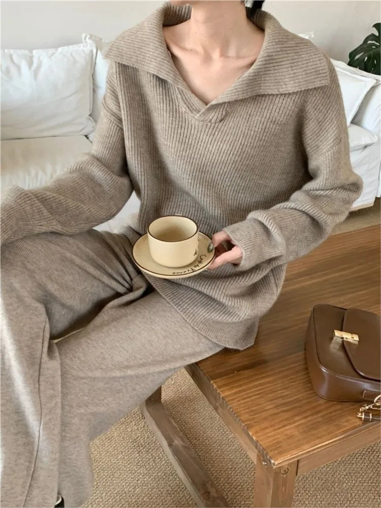 Autumn Winter Women’s Knitted 2-piece Set Lapel Pullover Sweater Long Pants Korean Fashion Casual Female Clothing Knitwear New
