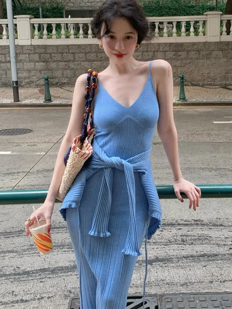 Vintage Chic Knitted 2-piece Dress Set Women Crop Cardigan V-neck Spaghetti Strap Bodycon Midi Dress Autumn New Female Clothing