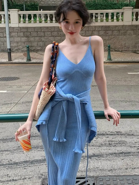 Vintage Chic Knitted 2-piece Dress Set Women Crop Cardigan V-neck Spaghetti Strap Bodycon Midi Dress Autumn New Female Clothing