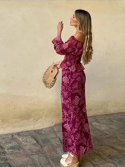 Vintage Print Top Skirt Suits Women One Shoulder Long Sleeve Waist Up Ruffled Hem Tops High Slit Skirt Vacation Beach Outfits
