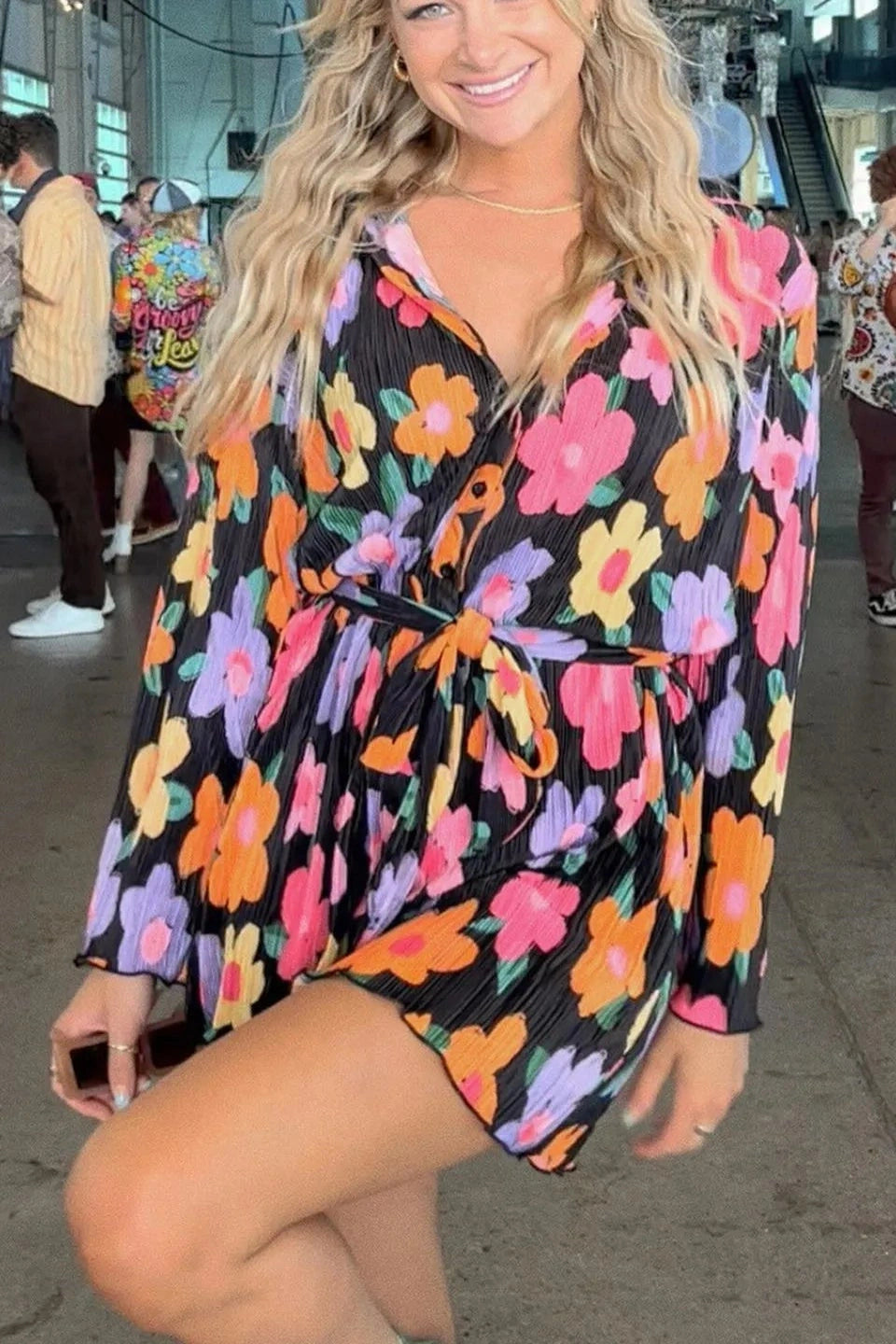 Printed Pleated Lace Up Mini Dress