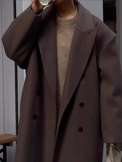 Casual Brown Wool Long Coats for Women Loose Turn Down Collar Double Breasted Female Overcoat Autumn Winter Street Lady Outwear