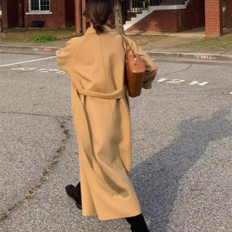 Women Elegant Long Woolen Coat with Belt Autumn Winter New Fashion Solid Lapel Long Sleeve Chic Outerwear Ladies Casual Overcoat