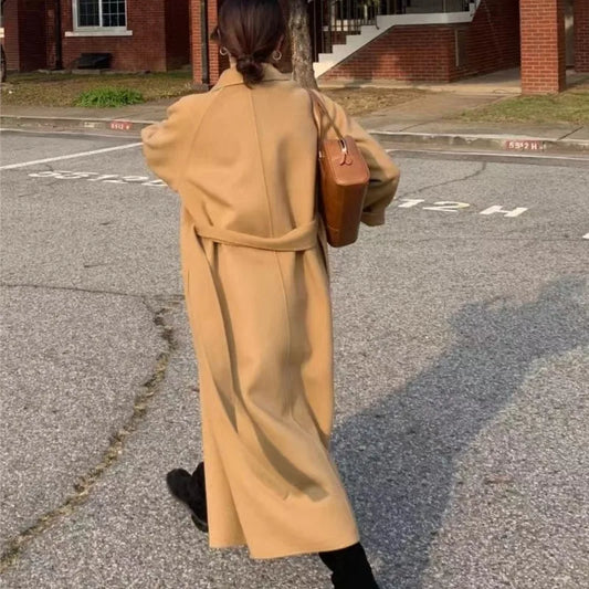 Women Elegant Long Woolen Coat with Belt Autumn Winter New Fashion Solid Lapel Long Sleeve Chic Outerwear Ladies Casual Overcoat
