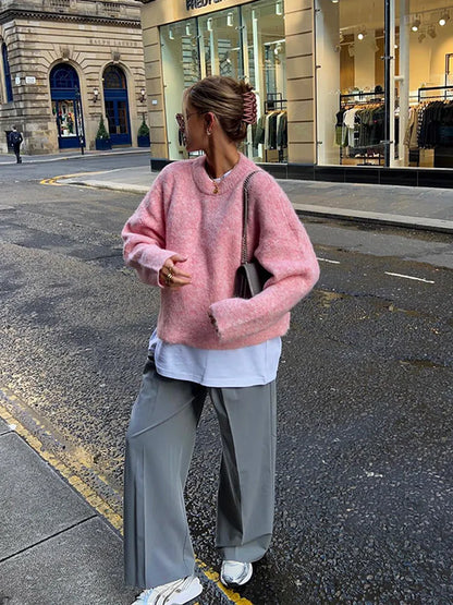 Casual Oversize Pink Women's Cashmere Base Sweater Fashion Long Sleeve Solid Round Collar Pullover New Lady High Streetwear