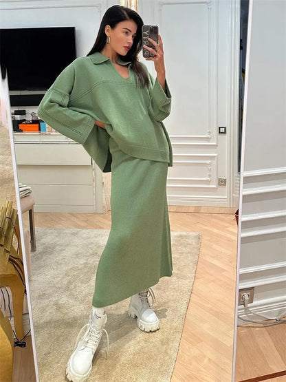 Autumn 2 Piece-Set Maxi Skirt Female V-Neck Loose Patchwork Fashion Pullover And Long Skirt Sets Elegant Ladies Outfits