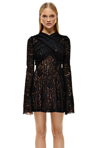 Patchwork Lace Long Sleeve Mini Dress