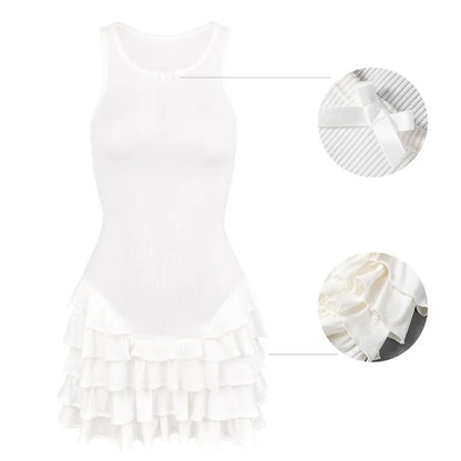 Frill Tank Dress For Women Sexy See-through Sleeveless Slim Solid Vest Mini Dress Ribbed Ruffled Bodycon Dresses Summer
