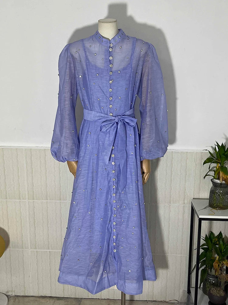 Elegant Long Dress British Style Fashion Beading Single Breasted Design Gentle Temperament Dresses Women 2025 Spring Autumn