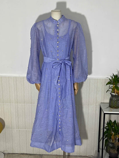 Elegant Long Dress British Style Fashion Beading Single Breasted Design Gentle Temperament Dresses Women 2025 Spring Autumn