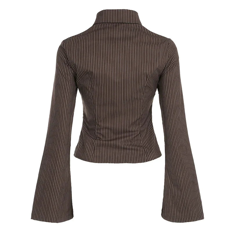 Vintage Brown Striped Blouse Women Fashion High Street Fitted Tee Shirt 2000s Casual Button Top Ladies Fall Outfits
