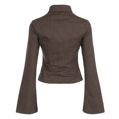 Vintage Brown Striped Blouse Women Fashion High Street Fitted Tee Shirt 2000s Casual Button Top Ladies Fall Outfits