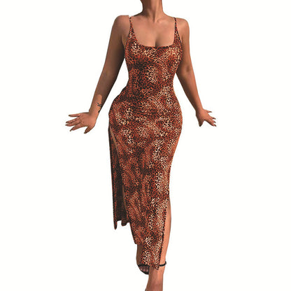 Fashion Leopard Print Slim Long Dresses Women Sexy Low Cut Backless Package Hip Bodycon Slit Dress Female Streetwear Summer New