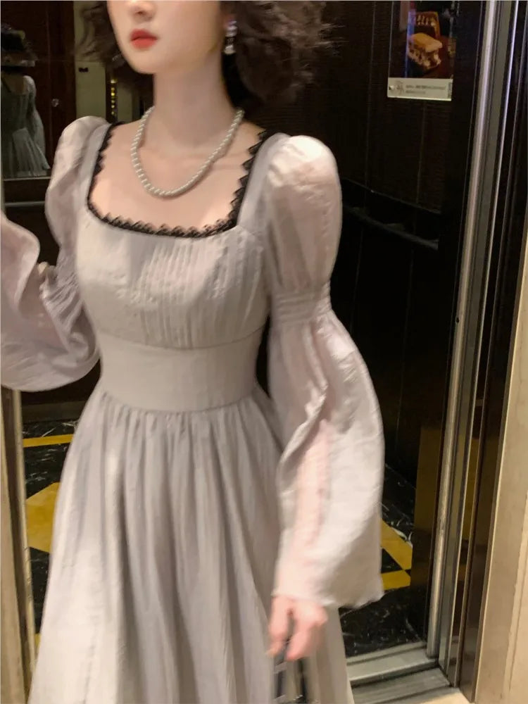 Autumn Princess Midi Dresses for Women Square Collar Flare Sleeve A-line Party Dress Slim Waist Korean One Piece Vestidos New