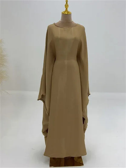 Autumn Loose Shiny Maxi Dress Women’s Butterfly Batwing Long Sleeve Muslim Clothes Party Dress Solid Female Long Dress New