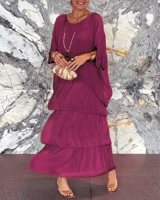 Flower Print Chiffon Dresses Women Fashion Temperament O Neck Bat Sleeve Layered Cake Dress Female Spring Summer New Vestidos