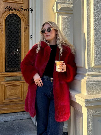 Luxury Women’s Red Faux Fur Long Overcoat Fleece Thick Warm Full Sleeve Lapel Cardigan Coat  Winter Fashion Loose Outerwear