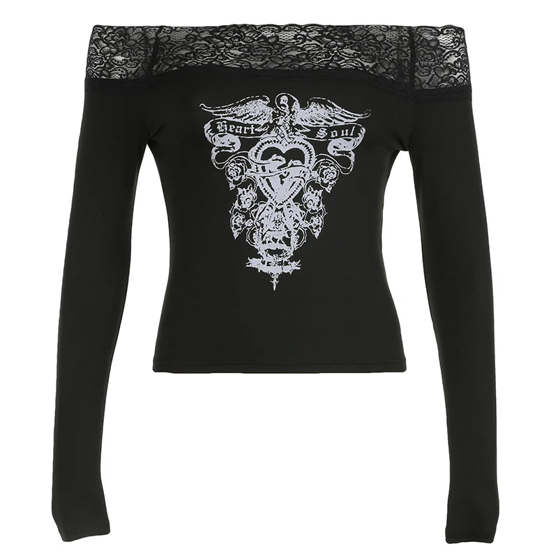 Gothic Retro Lace Trim Slash Neck Blouses Women¡¯ Long Sleeve Y2k Darkly Chic Print Autumn Trendy Fashion Tops