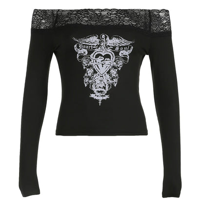 Gothic Retro Lace Trim Slash Neck Blouses Women¡¯ Long Sleeve Y2k Darkly Chic Print Autumn Trendy Fashion Tops