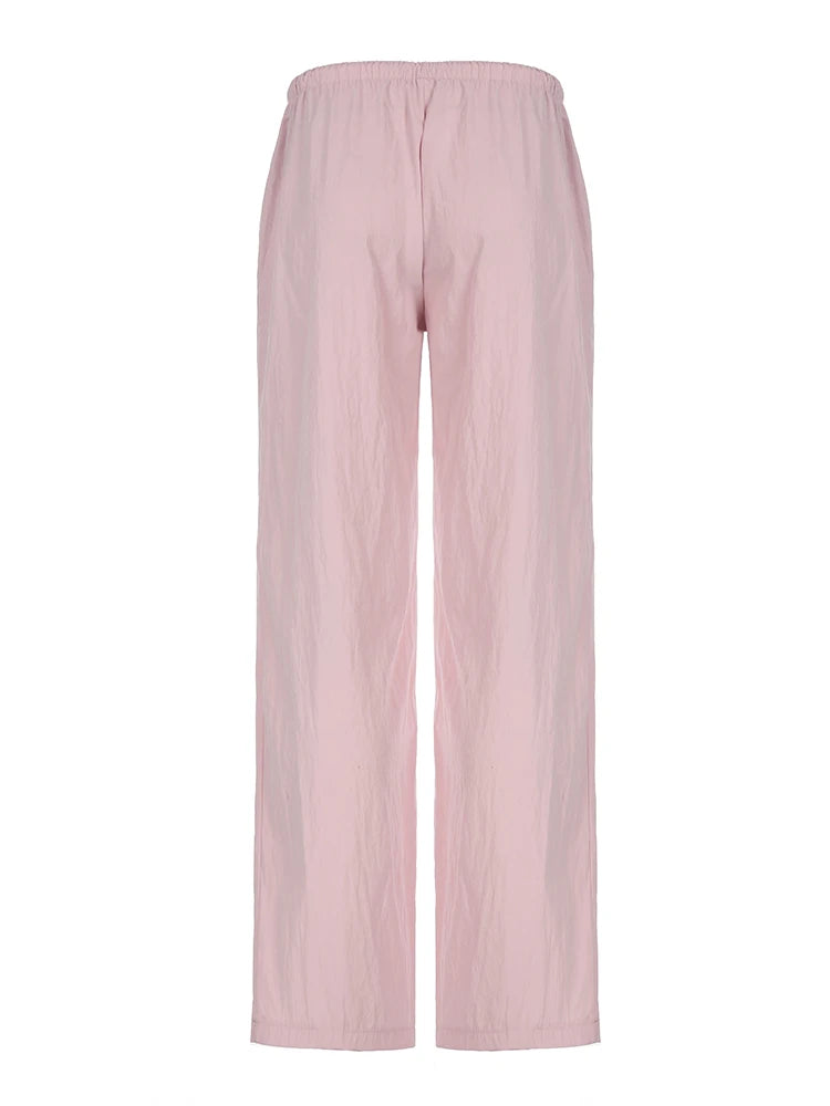 Pink Solid Loose Casual Woven Straight Leg Pants Women Drawstring Low Waist Y2K Baggy Jogging Trousers