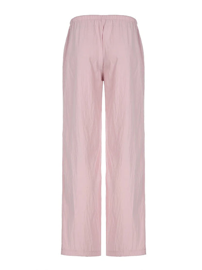 Pink Solid Loose Casual Woven Straight Leg Pants Women Drawstring Low Waist Y2K Baggy Jogging Trousers